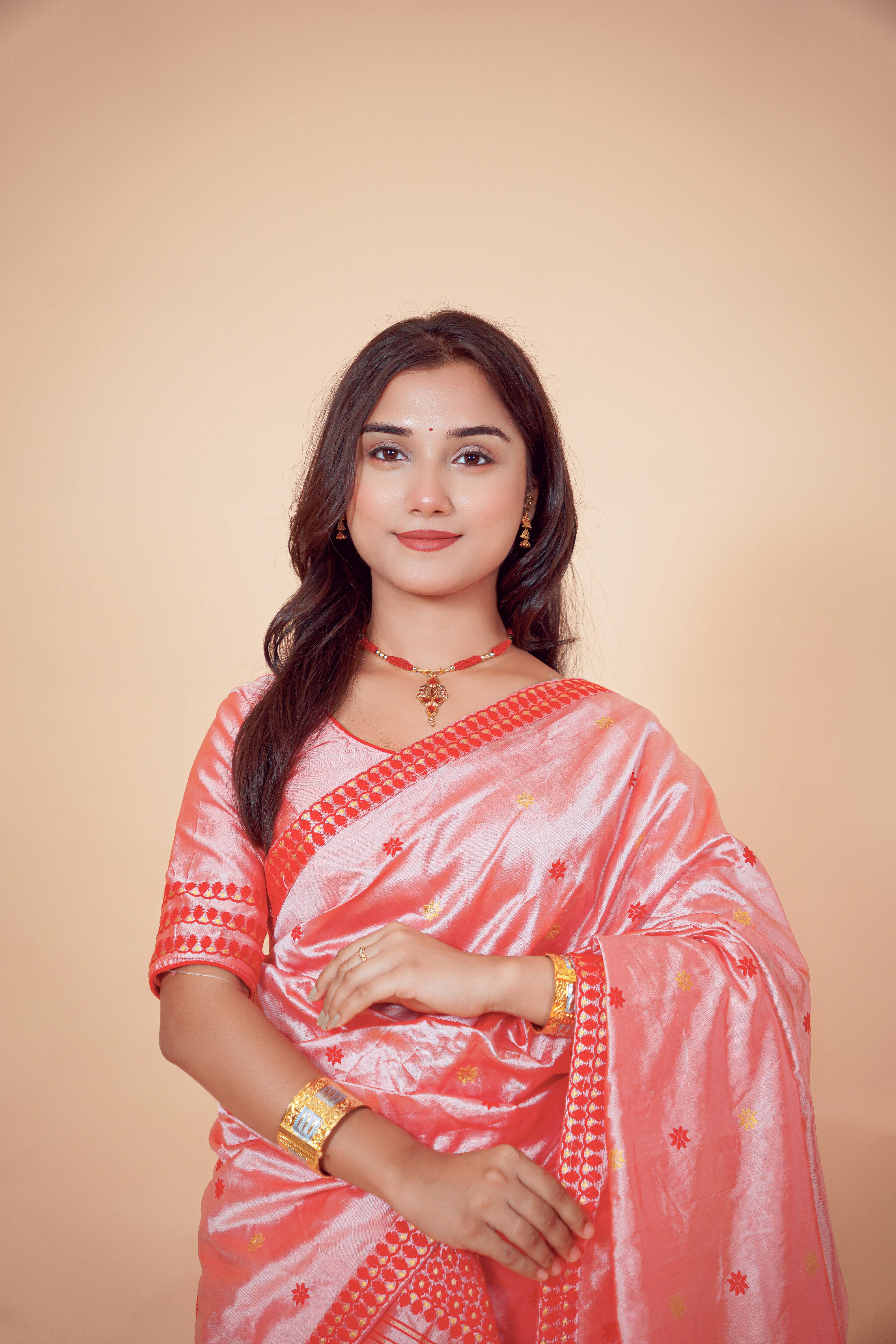 Assam Handmade Peach & Red Mixed Pat Silk Mekhela Chador